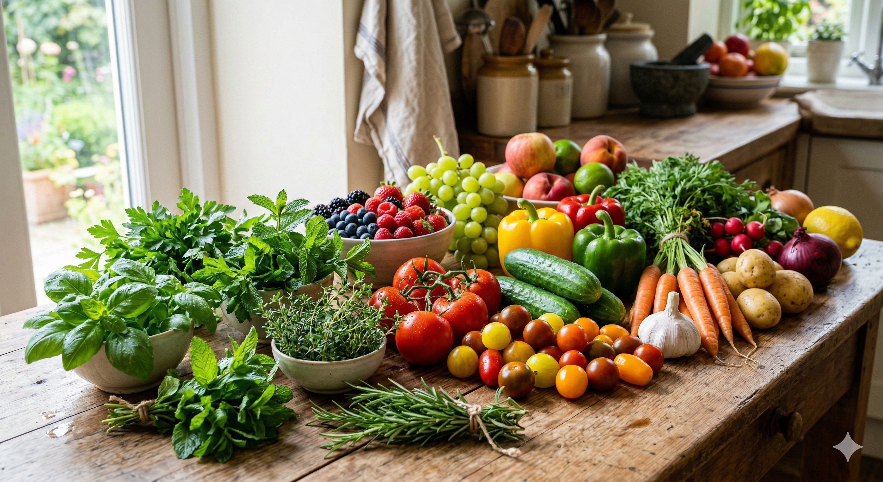 A bright kitchen counter full of fresh produce